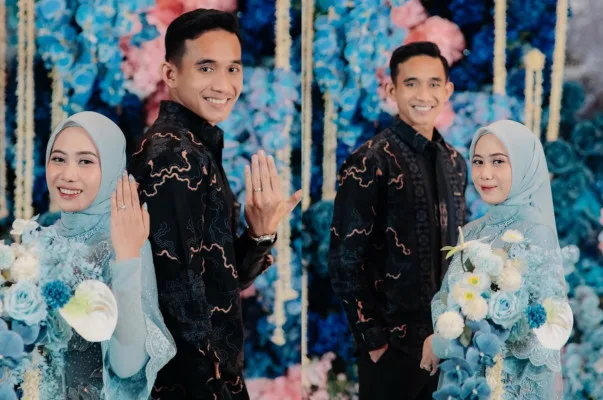 Rizky Ridho lamaran, Sendy Aulia, Timnas Indonesia, cincin lamaran, momen romantis, pernikahan 8 tahun, dekorasi biru, kebaya biru, hijab senada, komentar netizen, doa pernikahan, Timnas Indonesia rekan, lamaran Rizky Ridho.