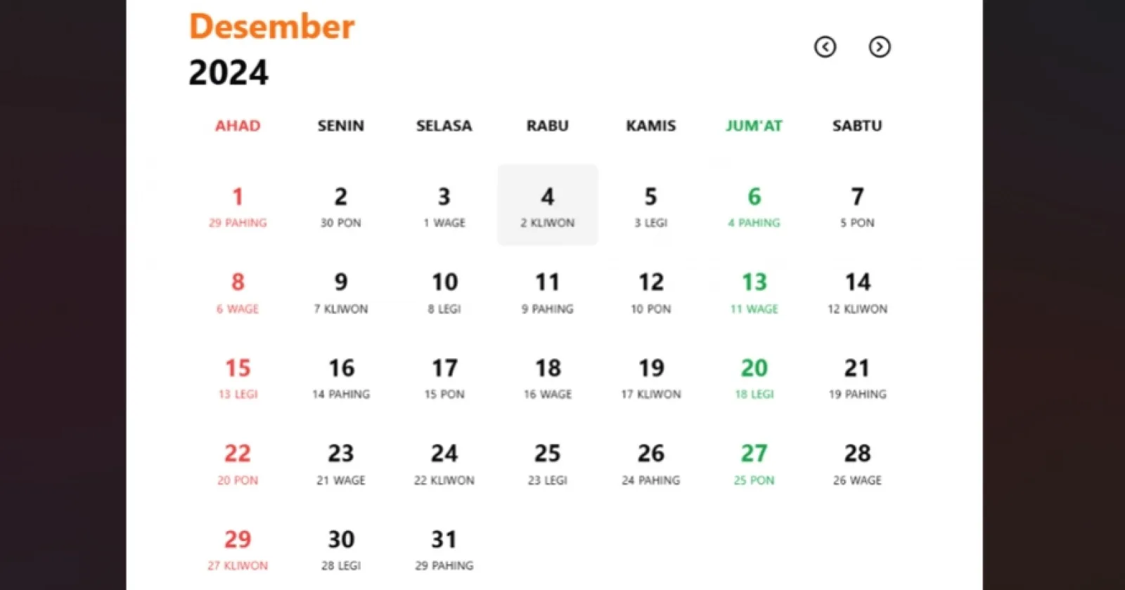 Jumadil Akhir, kalender 2024, Kalender Jawa, Minggu Pon, neptu jawa, pasaran Pon, tanggal Jawa, Weton 2024, weton Desember, Wuku Prangbakat, kalender jawa desember 2024
