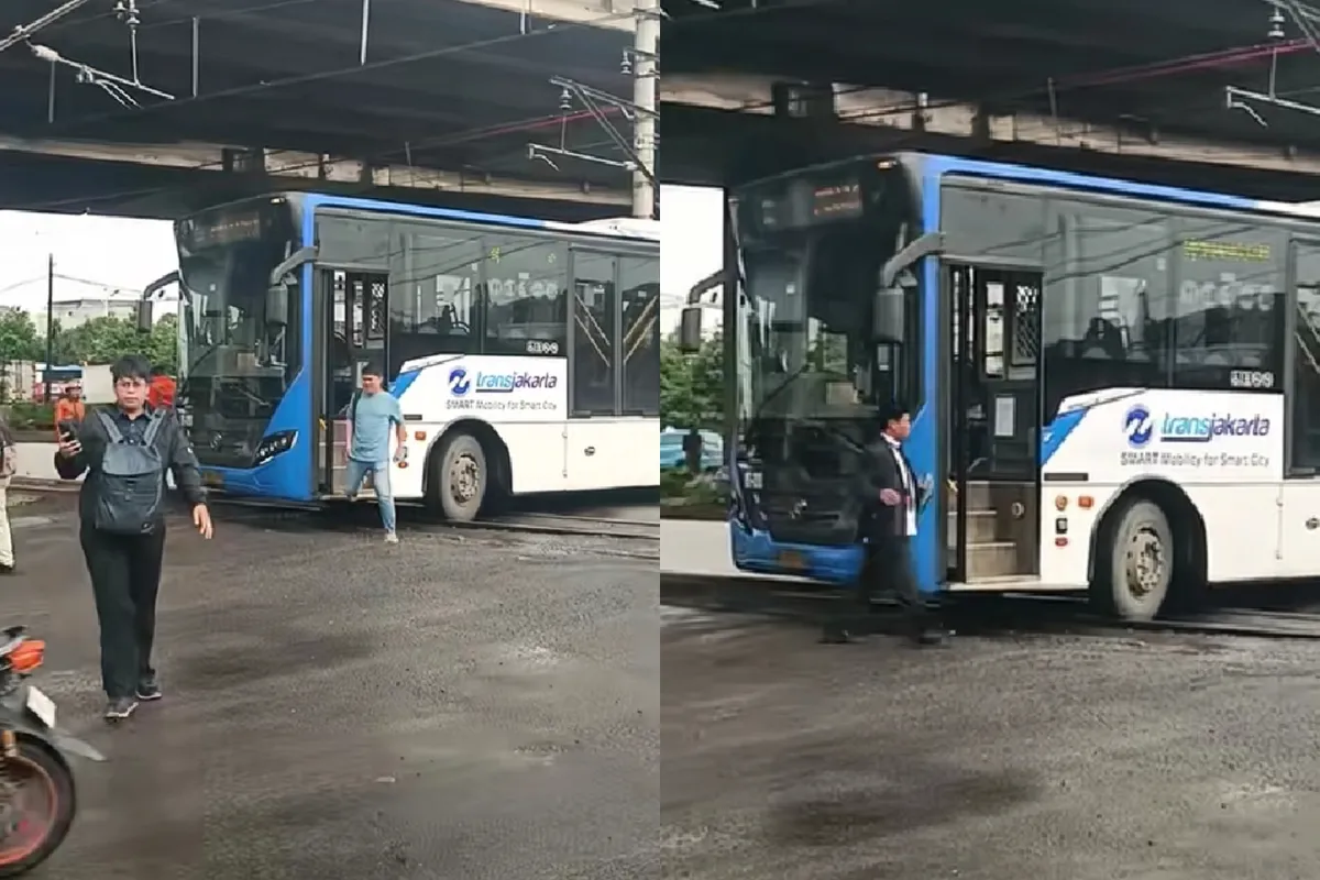 Bus Transjakarta, rel kereta, Stasiun Grogol, sopir Transjakarta, aksi dramatis, selamatkan penumpang, TikTok viral, video viral, netizen apresiasi, evakuasi penumpang, bus tersangkut, rel kereta api, palang pintu, kereta melintas, upaya keras, video 1 juta, komentar netizen, bus nyangkut, batu ganjal, rel kereta, Transjakarta viral