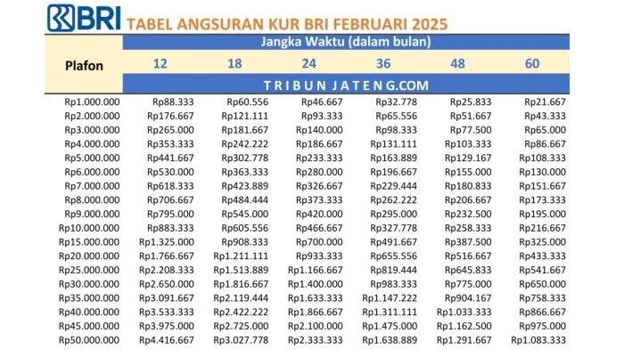 KUR BRI, angsuran KUR, cicilan ringan, kredit usaha, bunga rendah, UMKM maju, bisnis lancar, pinjaman modal, syarat KUR, tabel angsuran, cara pengajuan, KUR 2025, plafon KUR, suku bunga, kredit mikro, investasi usaha, pinjaman BRI, debitur UMKM, modal kerja, KUR kecil, Tabel KUR BRI 2025