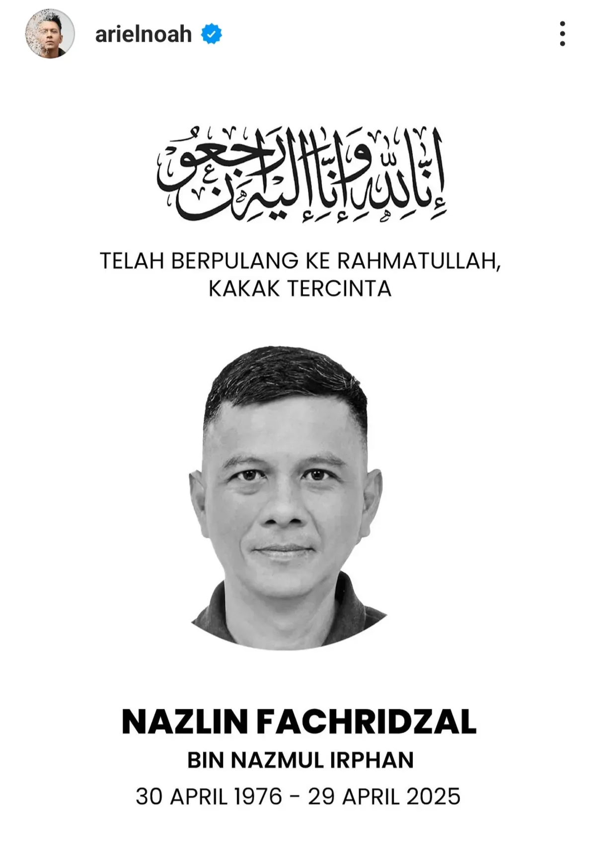Ariel NOAH, Nazlin Fachridzal, kabar duka, kakak meninggal, kehilangan besar, dukungan moral, penghormatan terakhir, keluarga Ariel.