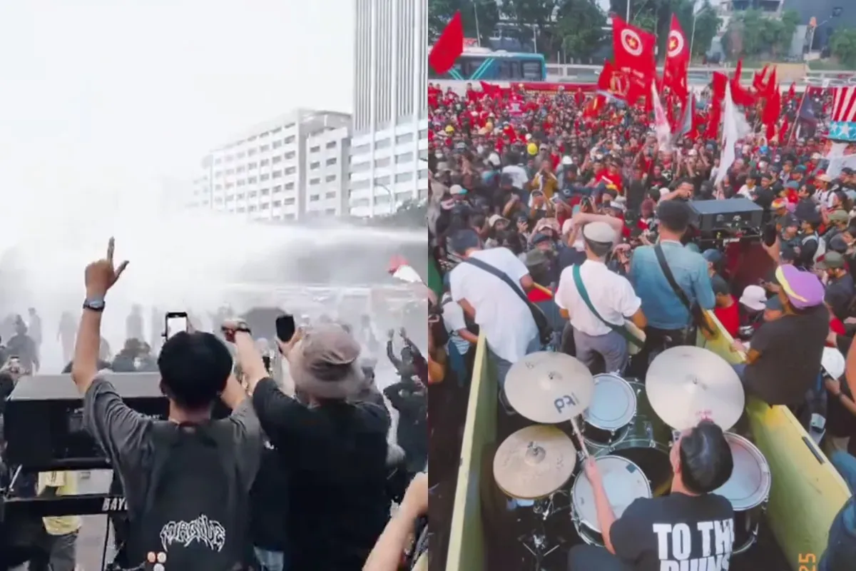 May Day 2025, Hari Buruh, The Brandals, The Jansen, aksi buruh, mobile truck gig, water cannon, crowd surfing, musik protes, Senayan Park