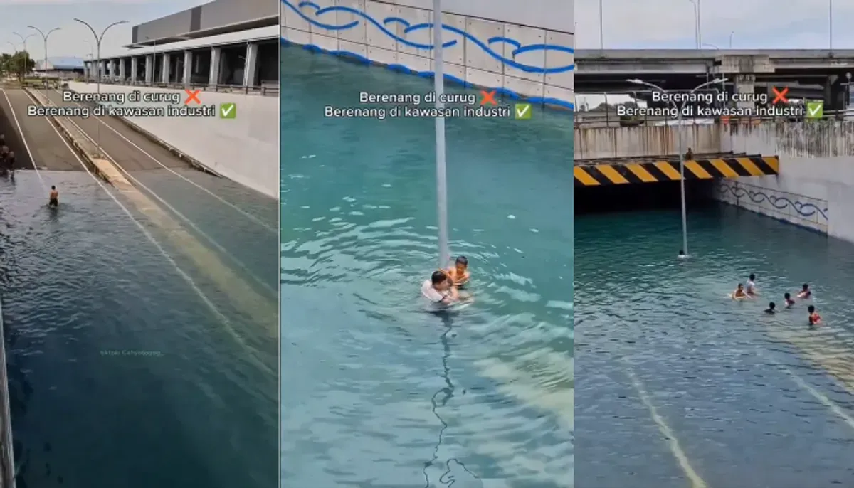 banjir jernih, underpass MM2100, kolam renang viral, banjir unik, banjir Bekasi, netizen heboh, video viral TikTok, fenomena langka, anak-anak berenang, banjir 2025