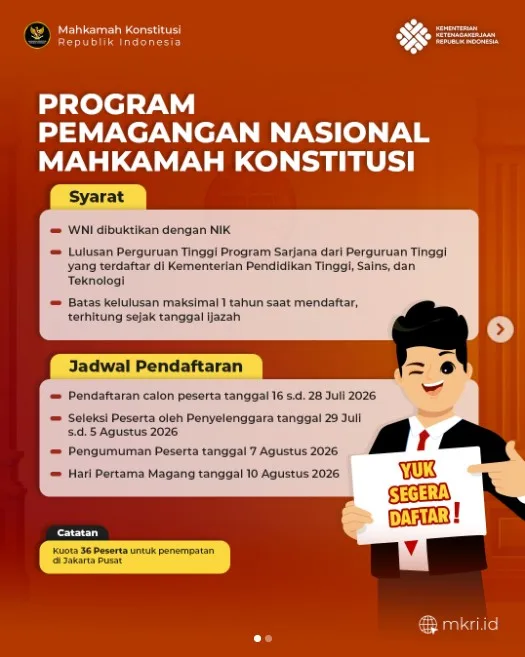 GT7tqp023H 2026, DIBUKA, Formasi, fresh graduate, Jakarta, Magang, Mahkamah Konstitusi, nasional, resmi, Saku, Uang, UMK