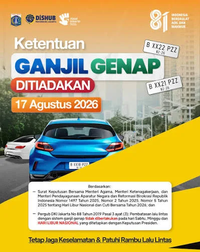 7 17 Agustus 2026, DKI, Ganjil, Genap, gratis, HUT, Jakarta, ke-81, Libur, Pemprov, pengendara, RI, Tarif, Transportasi